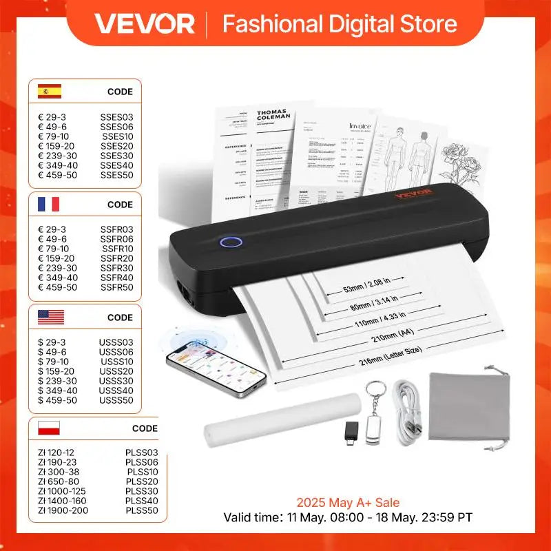 VEVOR Portable Bluetooth Inkless Mobile Thermal Printer for A4 A5 11-2600mAh Battery Compatible with Mutiple Systems Home Office