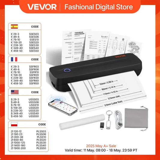 VEVOR Portable Bluetooth Inkless Mobile Thermal Printer for A4 A5 11-2600mAh Battery Compatible with Mutiple Systems Home Office